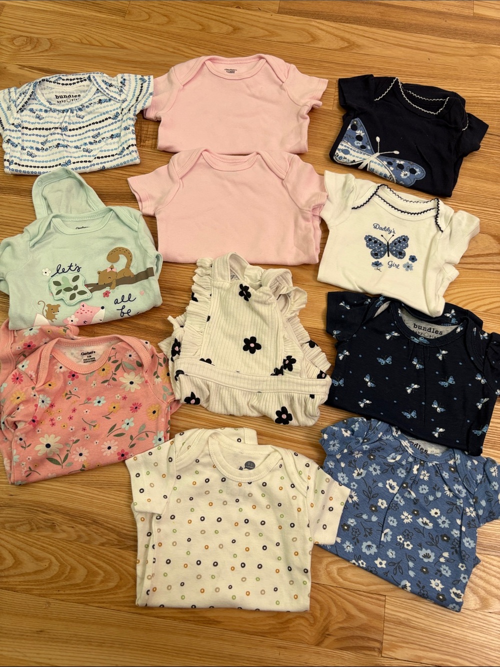 Lot of 11 Baby Girls Cotton Bodysuits Sz 0-3m Newborn Blue Pink White Floral